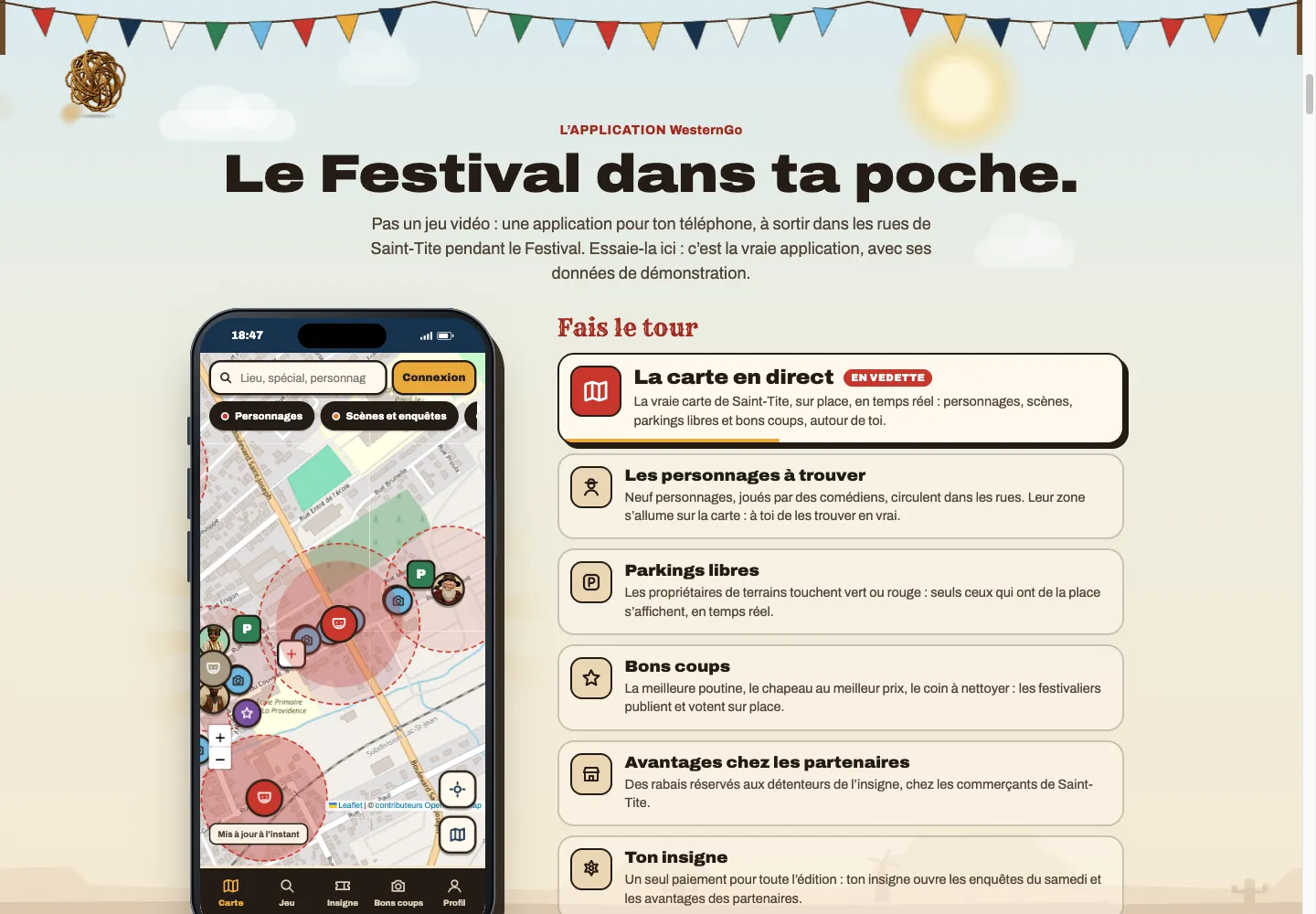 L’application WesternGo sur un téléphone : la carte de Saint-Tite avec les zones des personnages et les stationnements libres