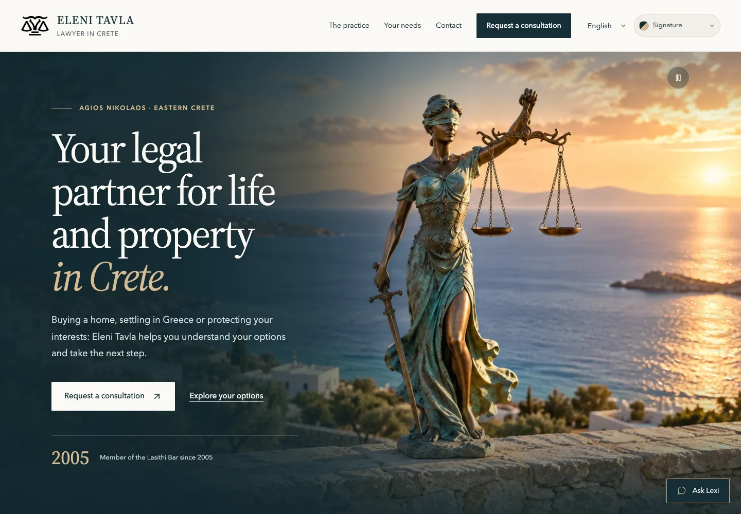 Page d’accueil du site d’Eleni Tavla, avocate en Crète