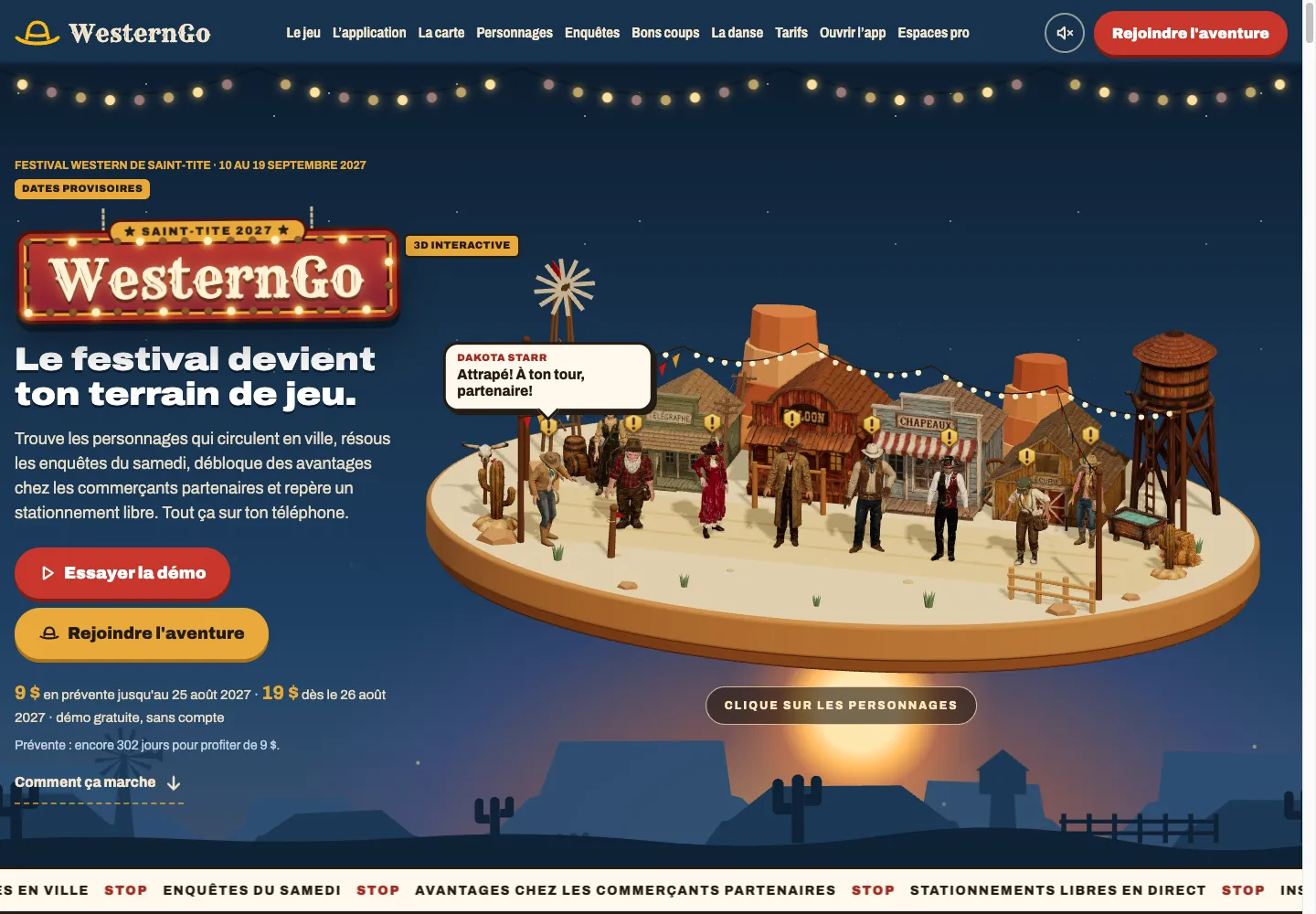 Accueil de WesternGo : l’enseigne lumineuse « Saint-Tite 2027 » et un village western en 3D où attendent les personnages du jeu