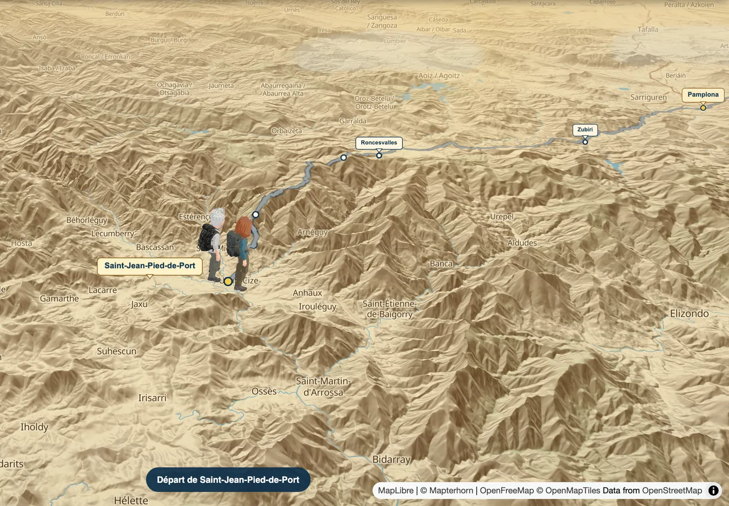 La carte en relief de compostelle.net : Kathleen et Philippe en 3D au départ de Saint-Jean-Pied-de-Port, sur le tracé du chemin vers Roncevaux et Pampelune