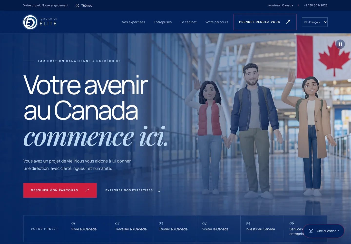 Accueil d’Immigration Élite : « Votre avenir au Canada commence ici. », trois personnages en 3D saluent dans un couloir d’aéroport, sous le drapeau canadien