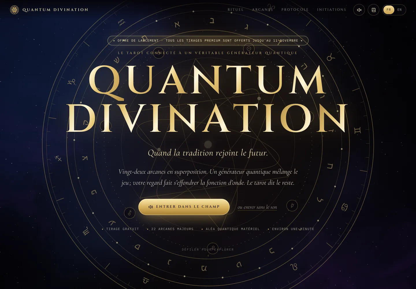 Accueil de Quantum Divination : le titre doré sur une roue zodiacale aux lettres hébraïques, « Quand la tradition rejoint le futur. » et le bouton « Entrer dans le champ »