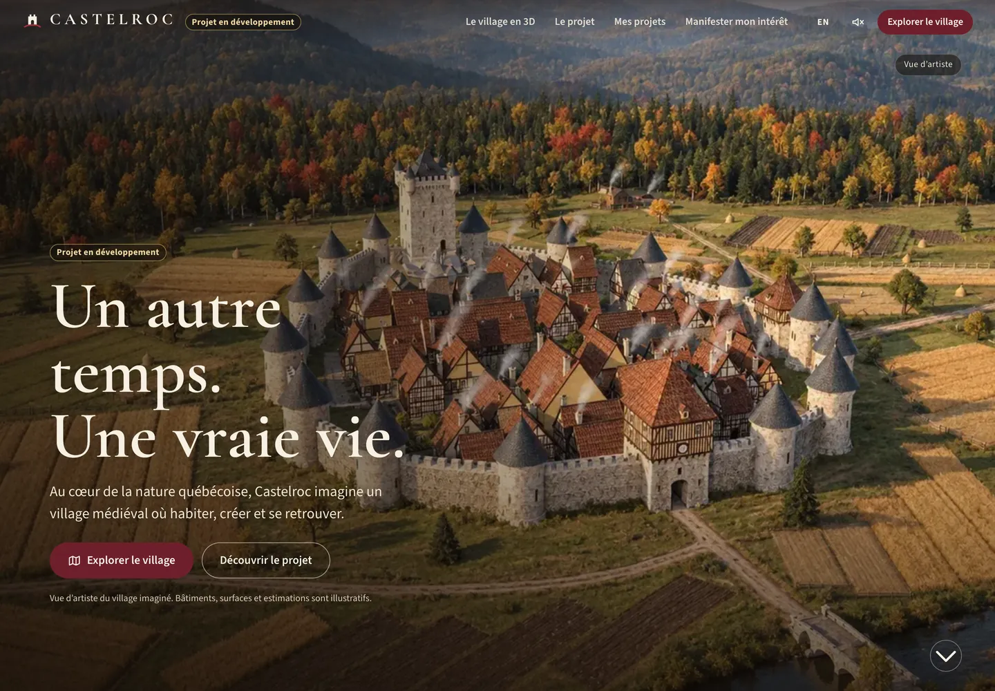 Accueil de Castelroc : « Un autre temps. Une vraie vie. » sur une vue d’artiste du village médiéval fortifié, son donjon, ses toits fumants, ses champs et la forêt d’automne