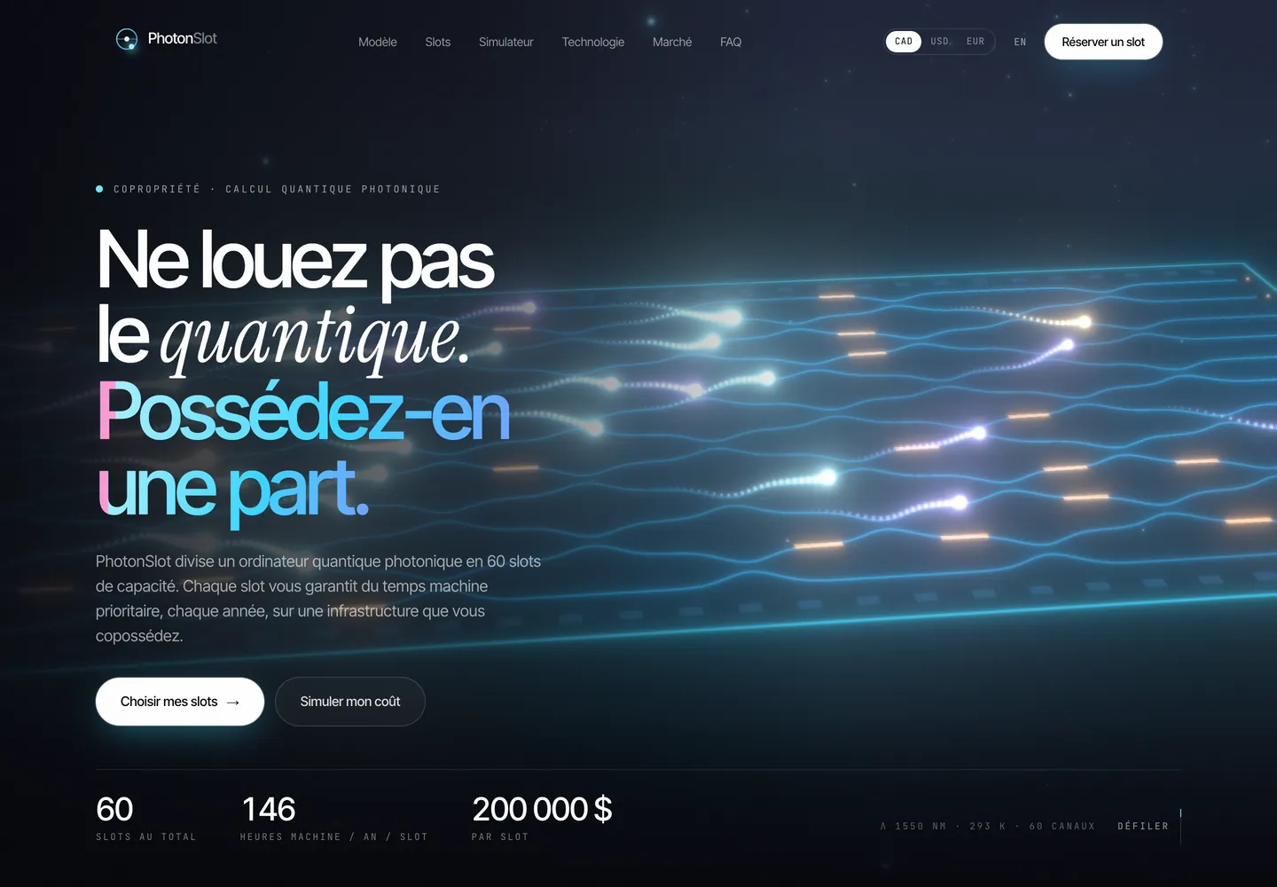 Accueil de PhotonSlot : « Ne louez pas le quantique. Possédez-en une part. » devant une puce photonique où filent des photons