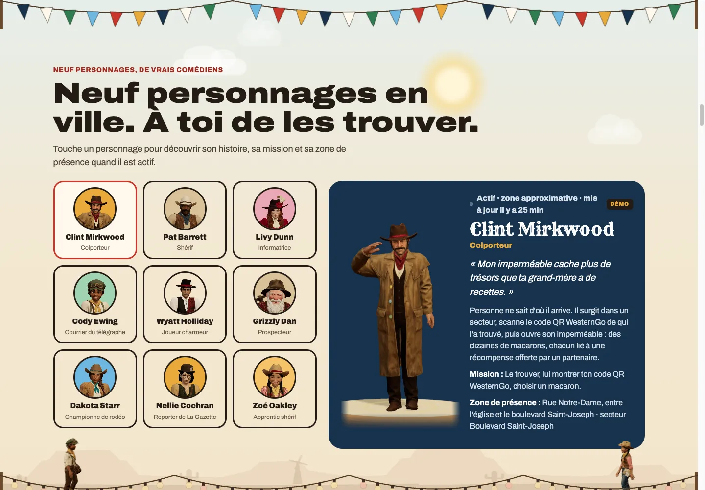 Les neuf personnages de WesternGo, dont Clint Mirkwood, le Colporteur, présenté en 3D